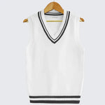 Kyra - Women's Cable Knit V-Neck Sweater Vest with Contrast Tipping - White & Black