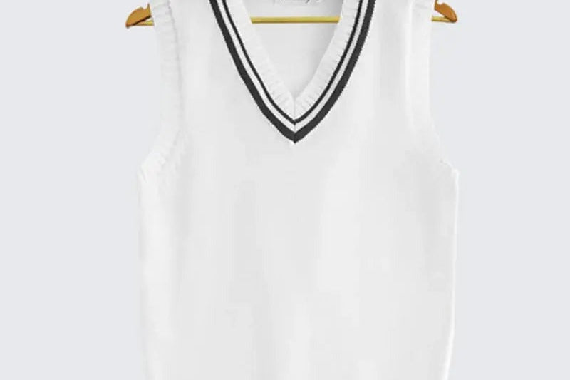 Kyra - Women's Cable Knit V-Neck Sweater Vest with Contrast Tipping - White & Black