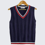Kyra - Women's Cable Knit V-Neck Sweater Vest with Contrast Tipping - Navy
