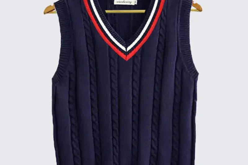 Kyra - Women's Cable Knit V-Neck Sweater Vest with Contrast Tipping - Navy