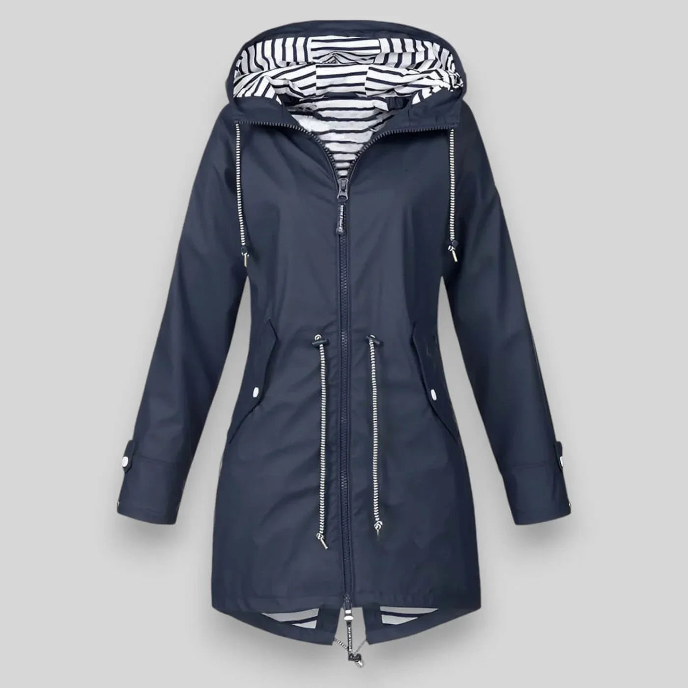 Laila - Women's Waterproof Hooded Rain Jacket with Drawstring Waist - Navy Blue