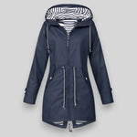 Laila - Women's Waterproof Hooded Rain Jacket with Drawstring Waist - Navy Blue
