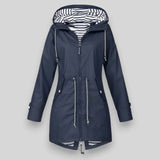 Laila - Women's Waterproof Hooded Rain Jacket with Drawstring Waist - Navy Blue