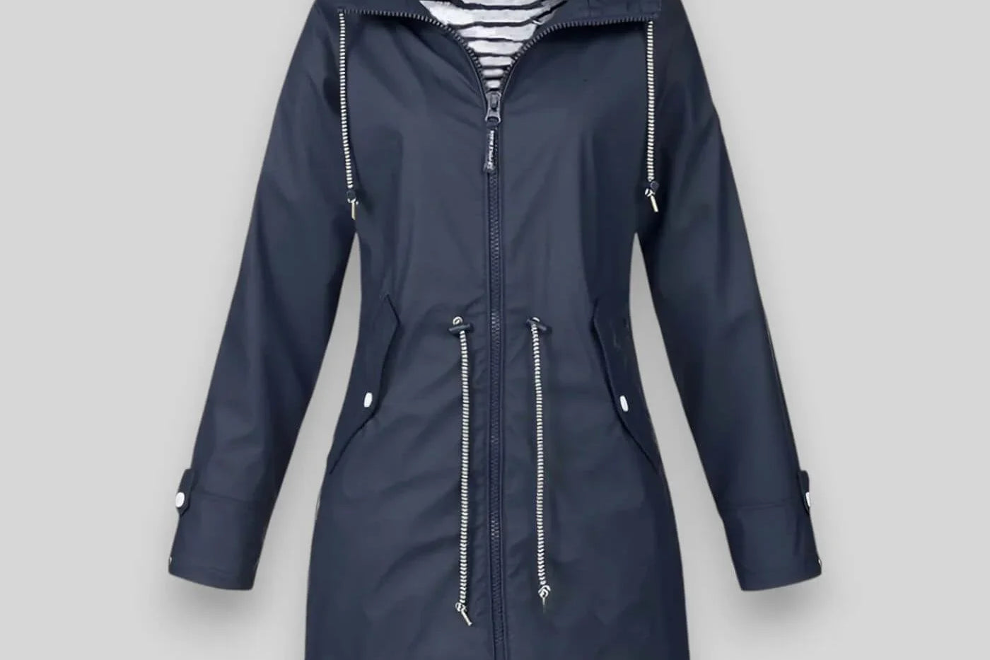 Laila - Women's Waterproof Hooded Rain Jacket with Drawstring Waist - Navy Blue