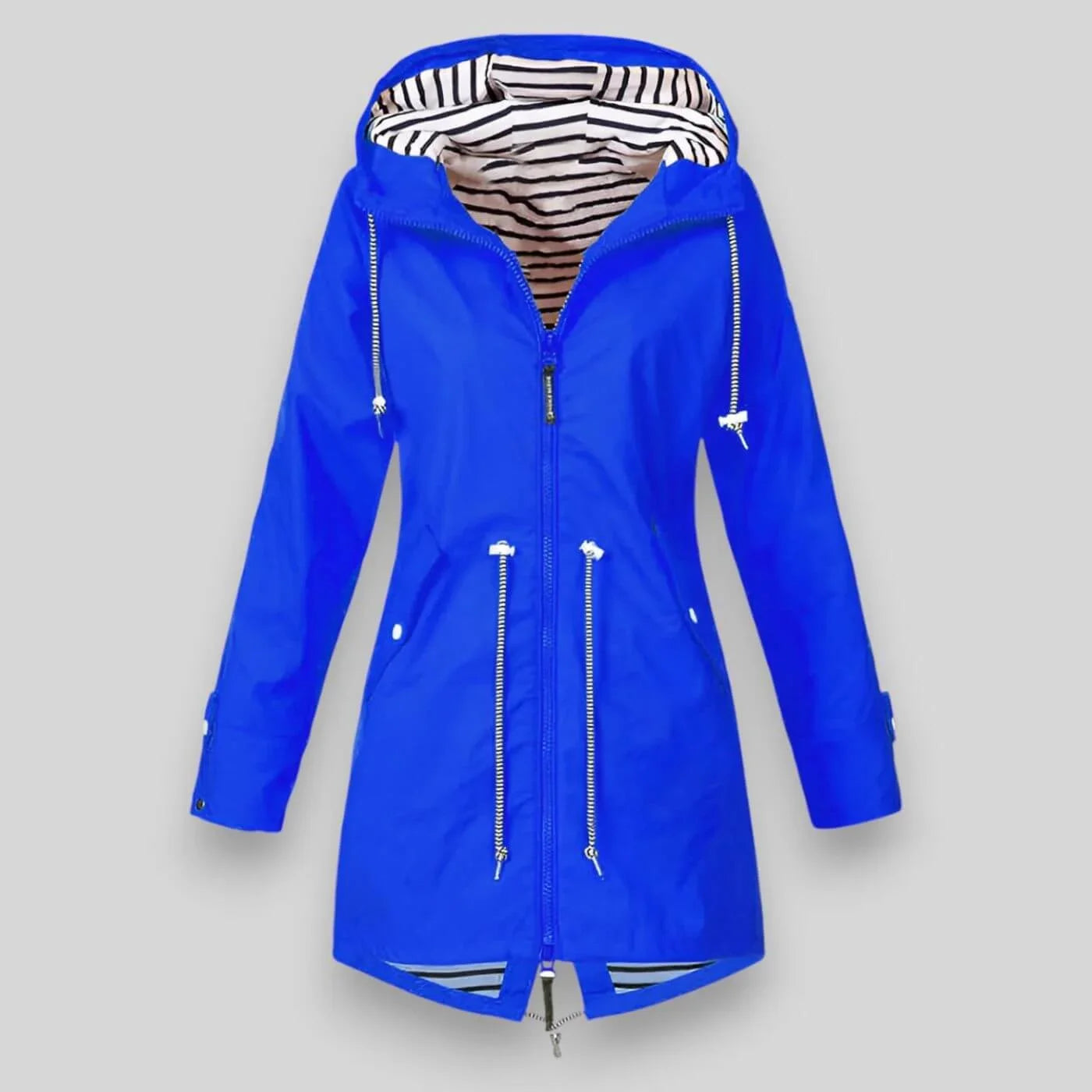 Laila - Women's Waterproof Hooded Rain Jacket with Drawstring Waist - Bright Blue