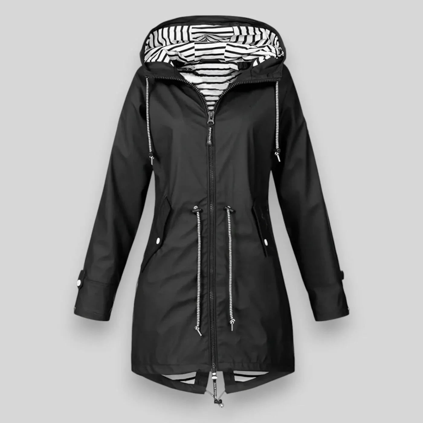 Laila - Women's Waterproof Hooded Rain Jacket with Drawstring Waist - Black