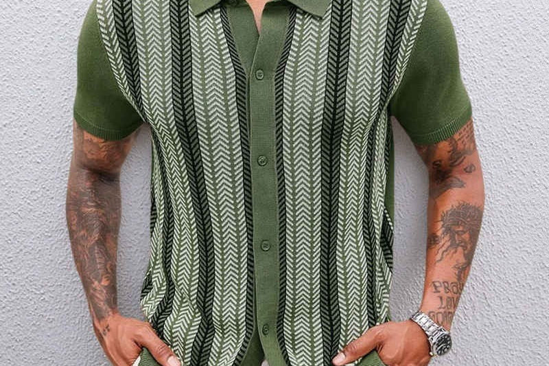 Larry - Men's Jacquard Knit Button-Down Shirt - Green