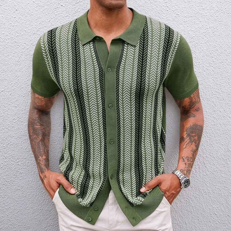 Larry - Men's Jacquard Knit Button-Down Shirt - Green
