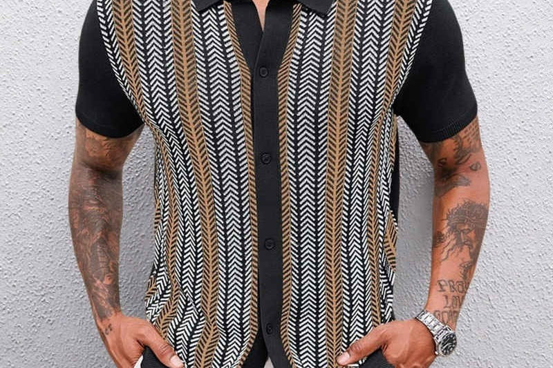 Larry - Men's Jacquard Knit Button-Down Shirt - Black