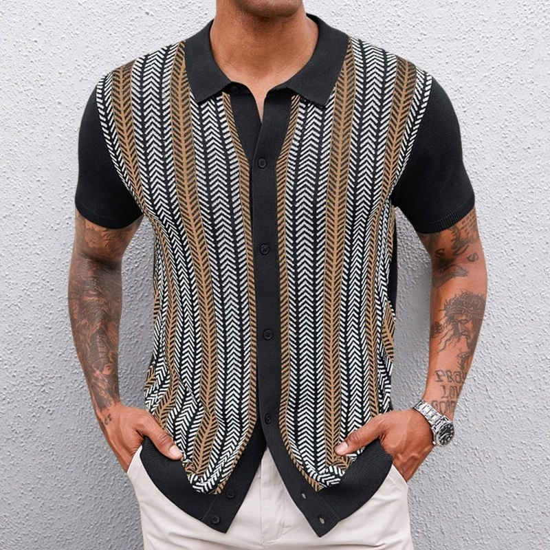 Larry - Men's Jacquard Knit Button-Down Shirt - Black