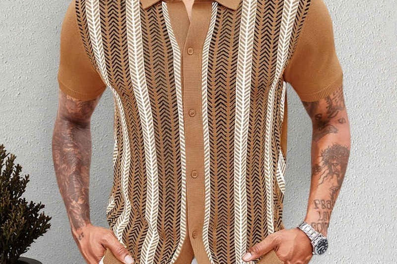 Larry - Men's Jacquard Knit Button-Down Shirt - Brown