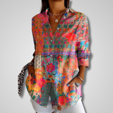 Leda - Women's Relaxed Floral Button-Front Shirt - Rainbow