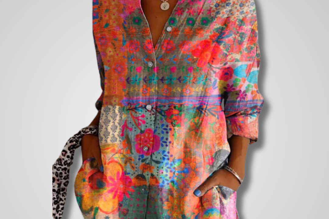 Leda - Women's Relaxed Floral Button-Front Shirt - Rainbow