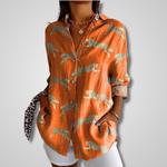 Leda - Women's Relaxed Floral Button-Front Shirt - Orange
