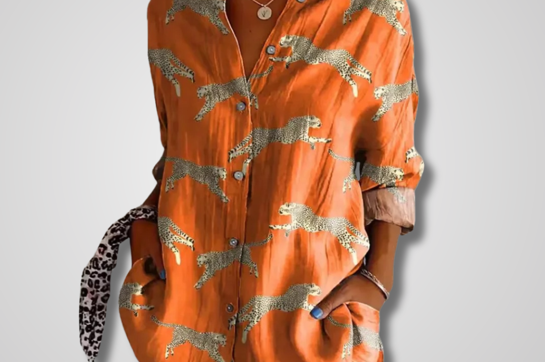 Leda - Women's Relaxed Floral Button-Front Shirt - Orange