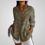 Leda - Women's Relaxed Floral Button-Front Shirt - Green