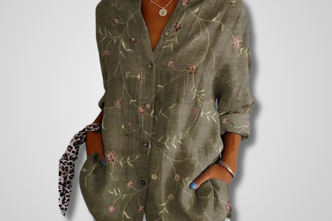 Leda - Women's Relaxed Floral Button-Front Shirt - Green