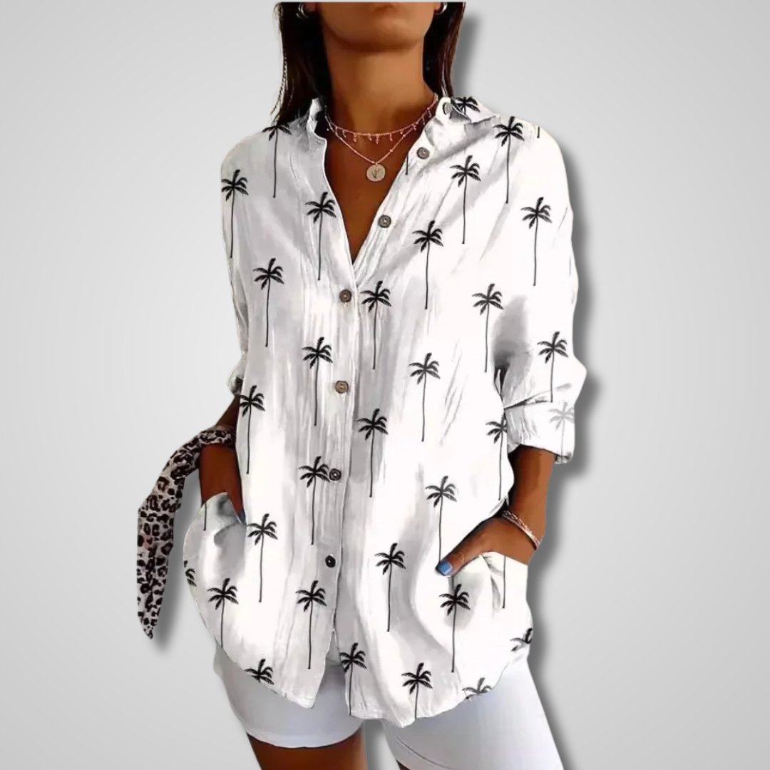 Leda - Women's Relaxed Floral Button-Front Shirt - White