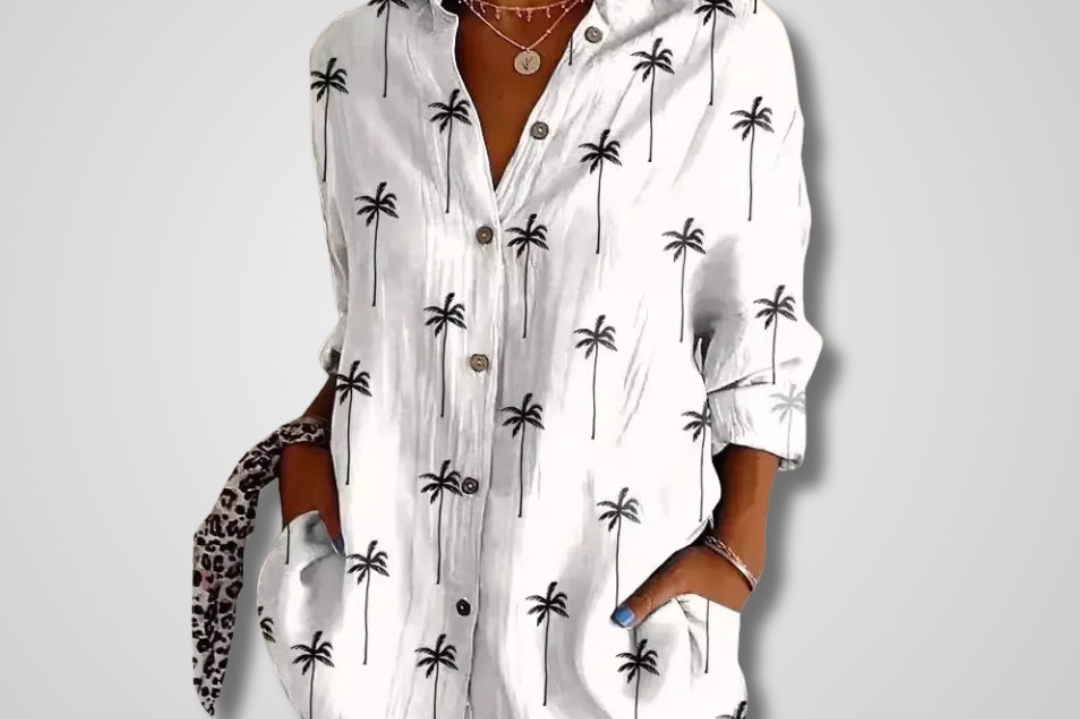 Leda - Women's Relaxed Floral Button-Front Shirt - White