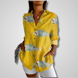 Leda - Women's Relaxed Floral Button-Front Shirt - Yellow