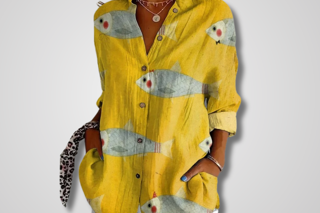 Leda - Women's Relaxed Floral Button-Front Shirt - Yellow