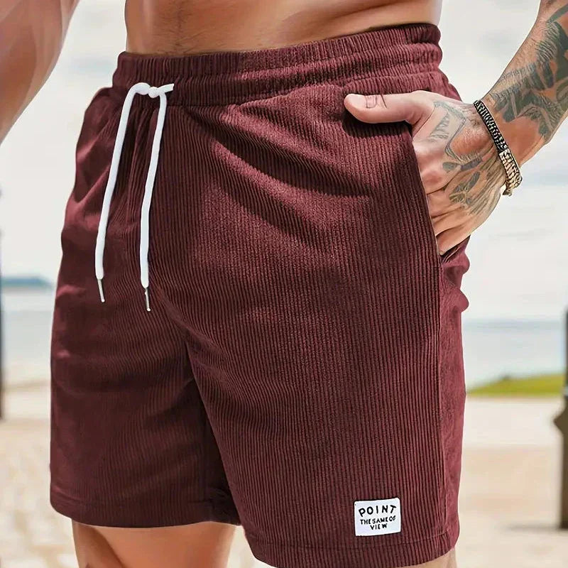 Leo - Men's Corduroy Drawstring Shorts with Side Pockets - Bordeaux