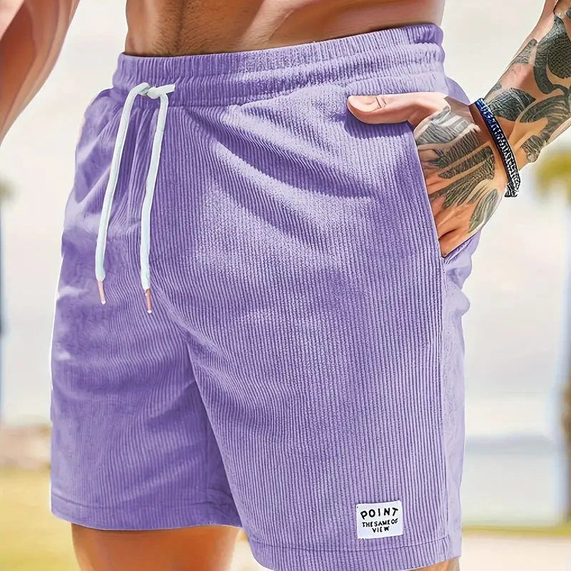 Leo - Men's Corduroy Drawstring Shorts with Side Pockets - Purple