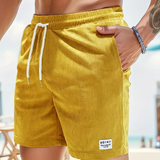 Leo - Men's Corduroy Drawstring Shorts with Side Pockets - Yellow