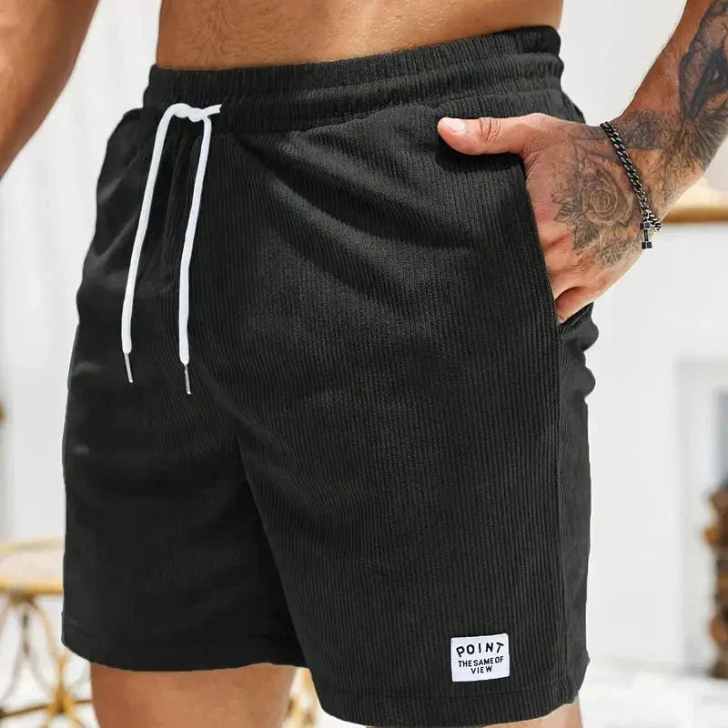 Leo - Men's Corduroy Drawstring Shorts with Side Pockets - Black