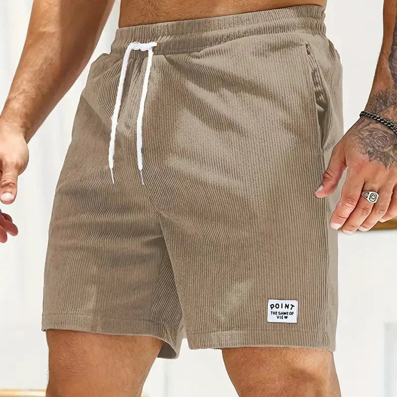 Leo - Men's Corduroy Drawstring Shorts with Side Pockets - Khaki