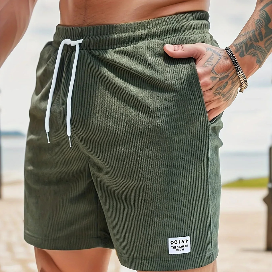 Leo - Men's Corduroy Drawstring Shorts with Side Pockets - Army Green