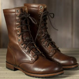 Lilou - Women's Lace-Up Mid-Calf Combat Boots - Dark Brown