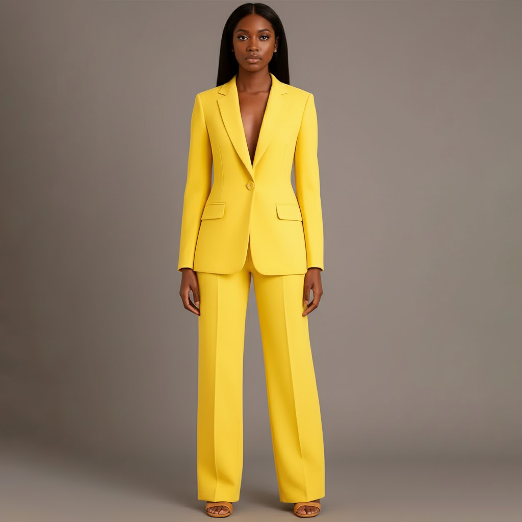 Linden - Women's Long Blazer and Slim Trouser Suit Set - Yellow
