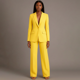 Linden - Women's Long Blazer and Slim Trouser Suit Set - Yellow