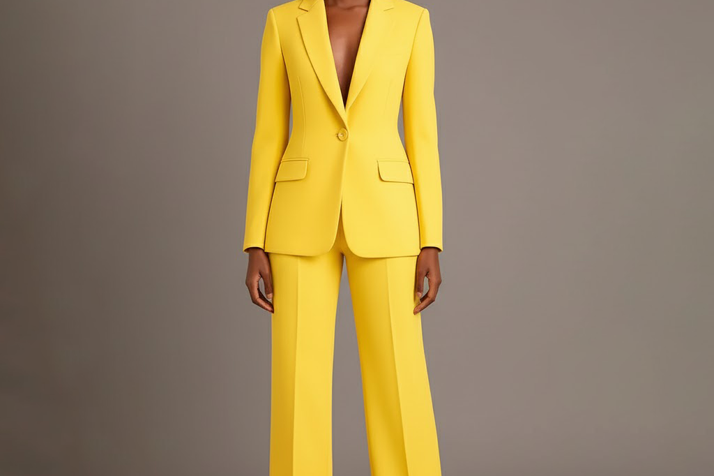 Linden - Women's Long Blazer and Slim Trouser Suit Set - Yellow