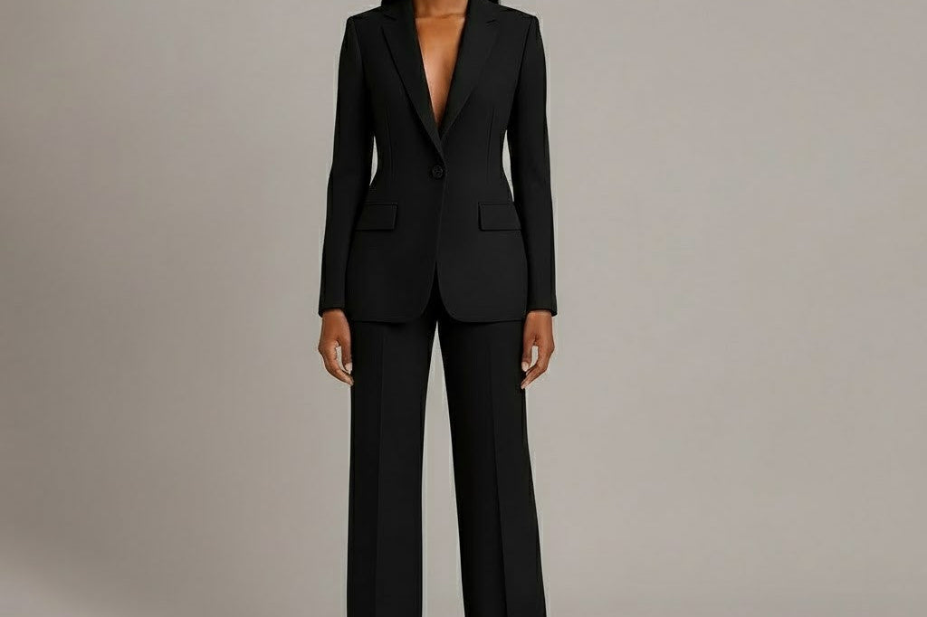 Linden - Women's Long Blazer and Slim Trouser Suit Set - Black