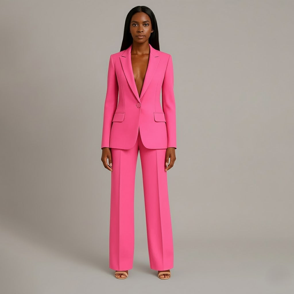 Linden - Women's Long Blazer and Slim Trouser Suit Set - Pink