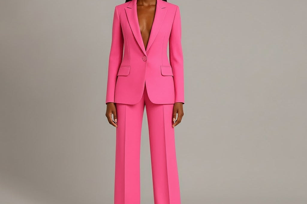 Linden - Women's Long Blazer and Slim Trouser Suit Set - Pink
