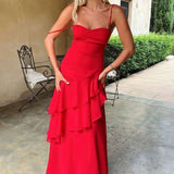 Linnet - Women's Sweetheart Neckline Tiered Ruffle Maxi Dress - Red