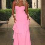 Linnet - Women's Sweetheart Neckline Tiered Ruffle Maxi Dress - Pink