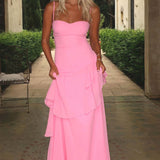 Linnet - Women's Sweetheart Neckline Tiered Ruffle Maxi Dress - Pink