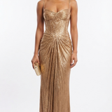 Liora - Women's Gold Metallic Pleated Corset Maxi Dress - Gold