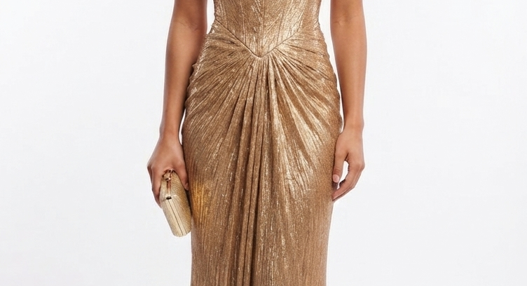 Liora - Women's Gold Metallic Pleated Corset Maxi Dress - Gold