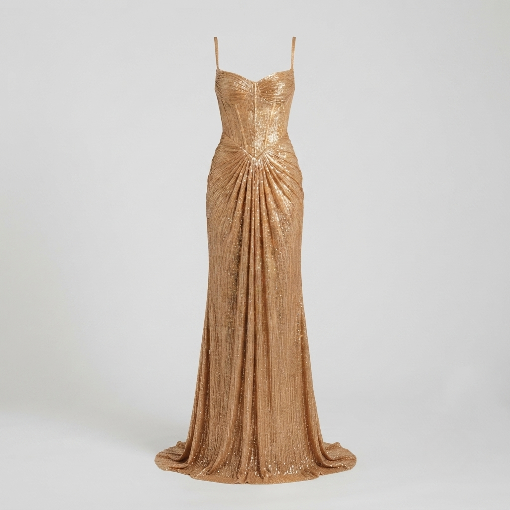 Liora - Women's Gold Metallic Pleated Corset Maxi Dress