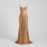 Liora - Women's Gold Metallic Pleated Corset Maxi Dress