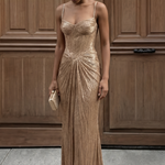 Liora - Women's Gold Metallic Pleated Corset Maxi Dress
