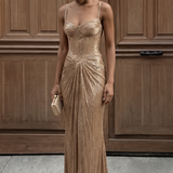 Liora - Women's Gold Metallic Pleated Corset Maxi Dress