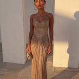 Liora - Women's Gold Metallic Pleated Corset Maxi Dress