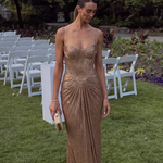 Liora - Women's Gold Metallic Pleated Corset Maxi Dress