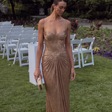 Liora - Women's Gold Metallic Pleated Corset Maxi Dress